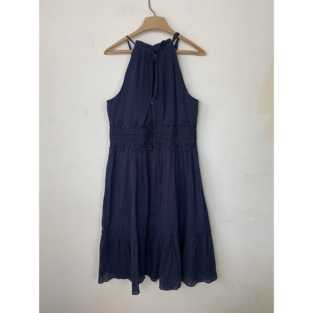 Eliza J Women Dress 12 Navy Blue Gauze Halter Crochet Tiered Boho Midi Coquette - Picture 3 of 8